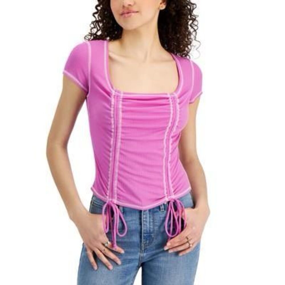 Just Polly Juniors' Square-Neck Ruched Top - Purple Size L